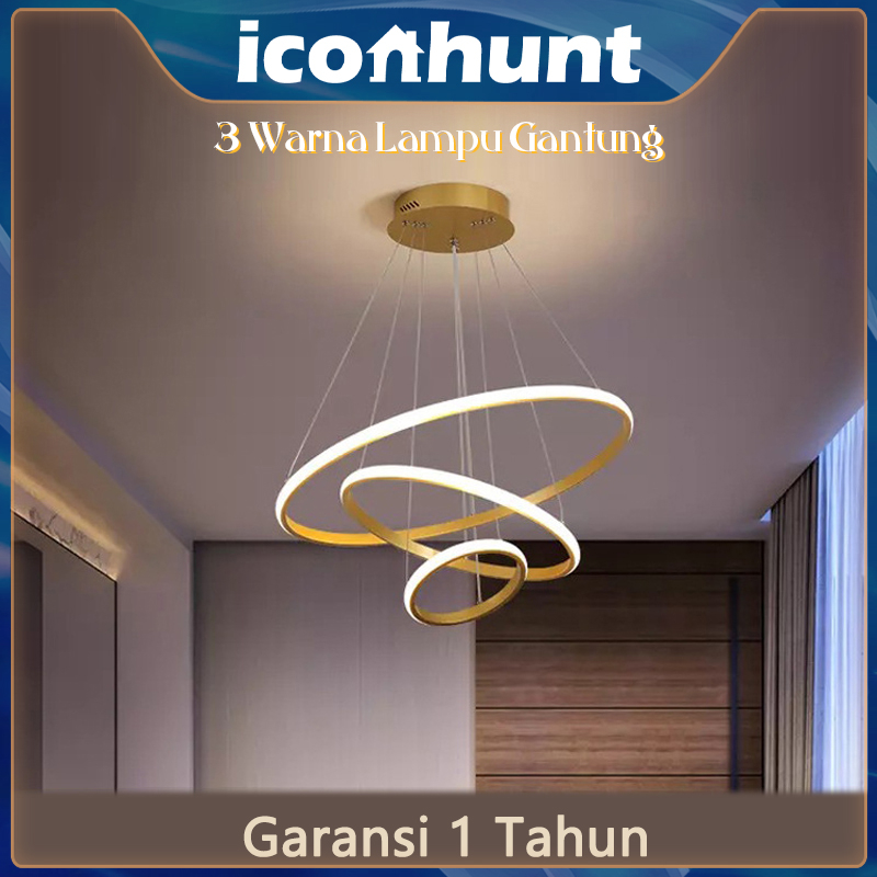 ⭐Garansi 1 Tahun⭐Lampu Gantung Emas 3 Ring LED 3 Warna Ceiling Lamp Sederhana Ruang Makan Ruang Tamu Chandelier Murah