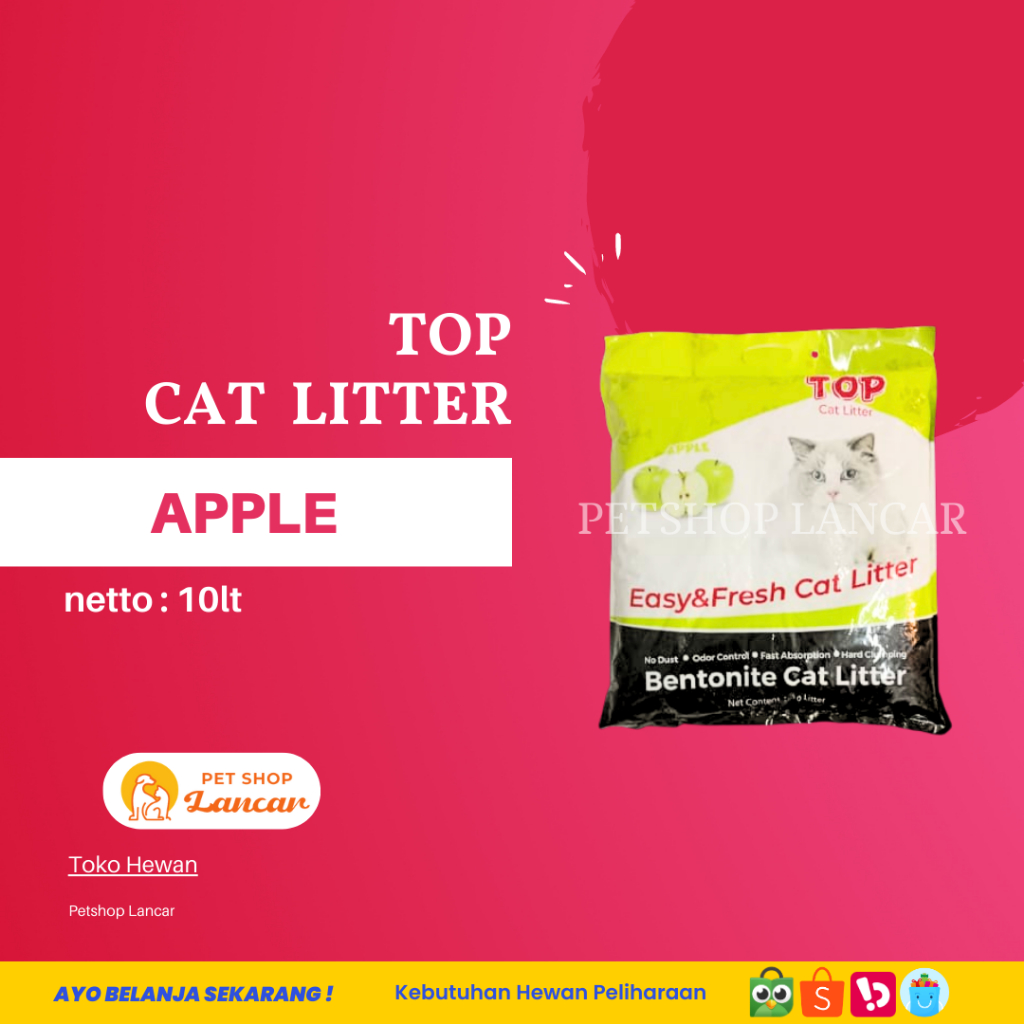 Pasir Kucing Gumpal Wangi - TOP Cat Litter Bentonite 10 Liter Apple