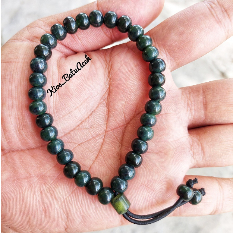 Gelang Tasbih Batu Giok Black Jade Original Asli Aceh Bulat Full Tembus 33 Butir