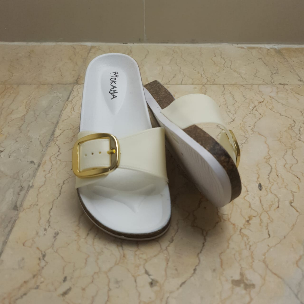 Sandal Slop Karet Birken Wanita Putih Kombinasi Ban 1 Gesper Kotak MKY J2213 36-41