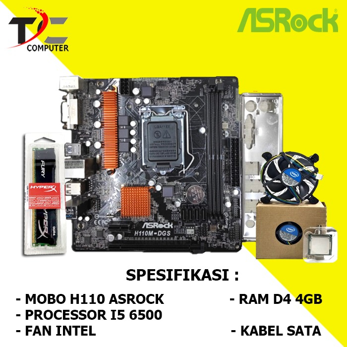 Paket Mobo H110 LGA 1151 DDR4 Plus Ram Hyper X Processor I5 6500 FAN