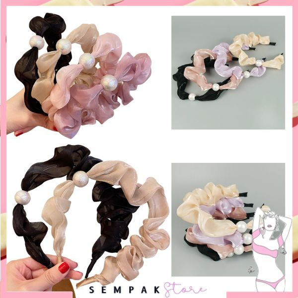 SS Bando Mutiara Kerut Bahan Satin Fashion Bando Scrunchie Kerut Korea Headband Ruffle Bandana Import