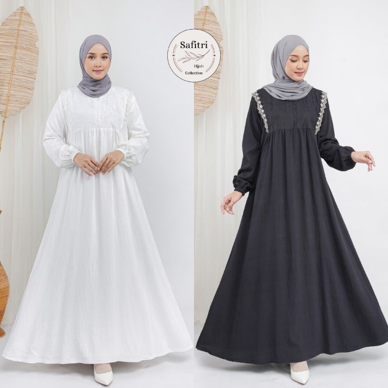 HAYFA DRESS bahan Polo Linen Putih Hitam Manasik Haji Umroh Thawaf aplikasi brokat dan renda by Safitri Fashion