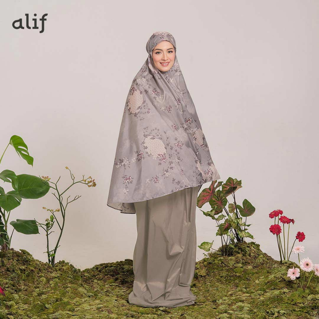 ALIF MUKENA MINI MOTIF PARASUT PREMIUM KOREA TRAVEL - SALVIA IN OYSTER GREY ( MKN-210 )