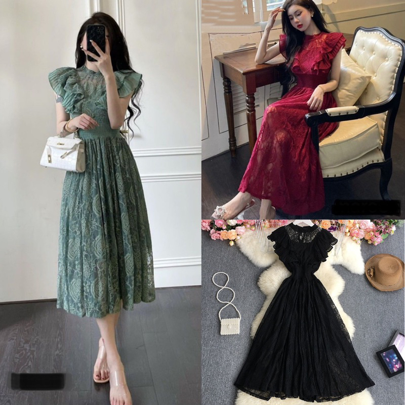 D1269 JENITA KOREAN STYLE BROCADE LACE VINTAGE MIDI DRESS PESTA PREMIUM SIMPLE ELEGANT NATAL BUMIL