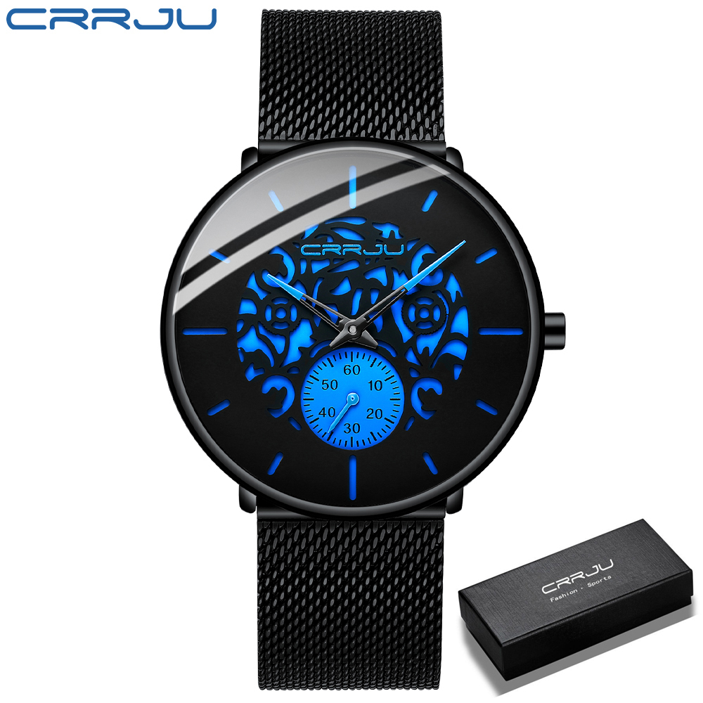 Jam Tangan Pria Fashion CRRJU 2026 Pria Biru Ultra Tipis Tali Jala Jam Tangan Retro Hollow Bunga Ker