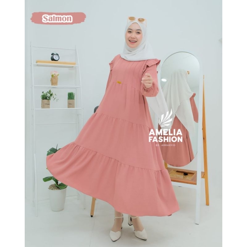 NAILA MIDI DRESS ORI AMELIA FASHION OUTFIT REMAJA MODERN KEKINIAN DRESS LEBARAN CRINGKLE TERBARU