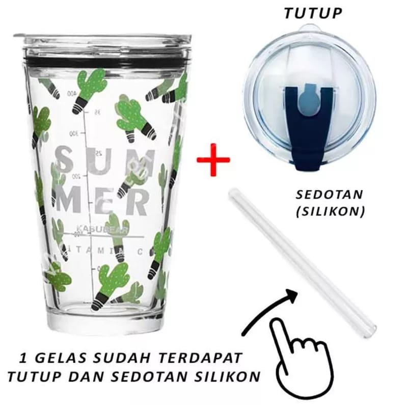 GELAS TUMBLR KACA BENING GELAS SUSU GELAS MUG GELAS KACA DENGAN TUTUP ANTI BOCOR 450ML BOTOL MINUM KACA GRATIS SEDOTAN GELAS JUS