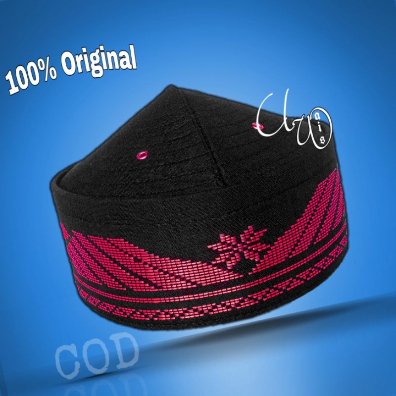 PECI MUSLIM TENUN SONGKET SONGKOK DEWASA DAN ANAK KOPIA BULAT ZUBAIR WARNA MERAH MOTIF GUNUG HITAM