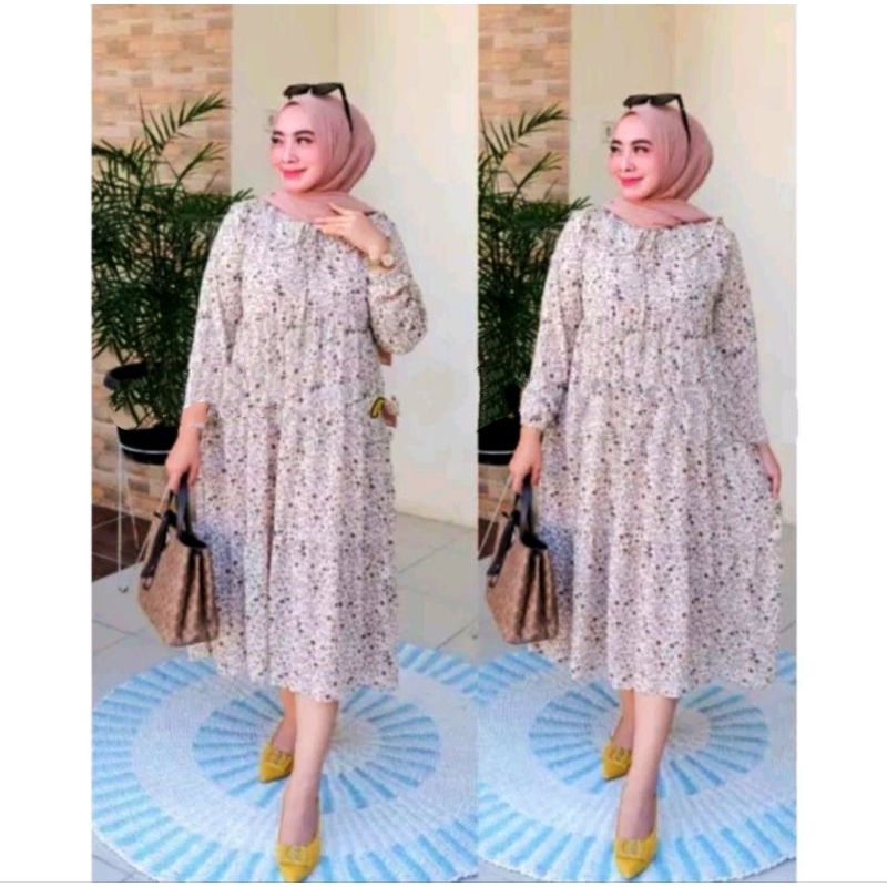 MIDI DRESS MOTIF BUNGA CERUTY BABYDOLL//BISA COD//GAMIS MIDI BUNGA BUSUI