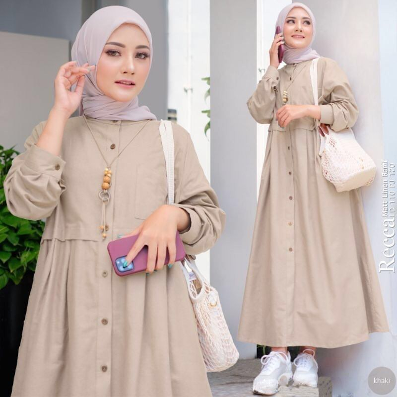 Midi Dress Muslim Recca Midi Dress Outfit Wanita Kekinian Set Ootd Hijab Bahan Linen Rami Busui Friendly