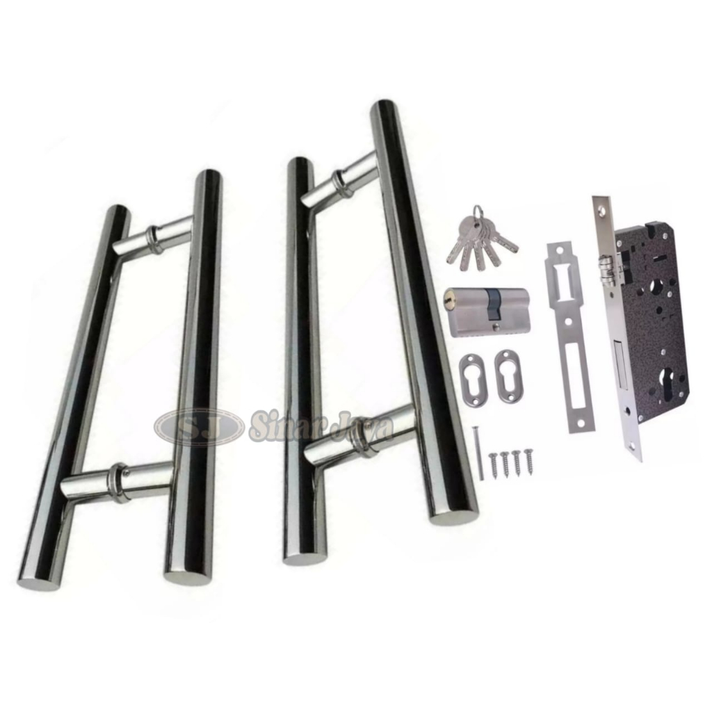 1 set fullset gagang pintu bauts tembus / tanam panjang 45cm 60cm handle kunci rumah minimalis gagang tarika kunci pintu kuputarung full stainless