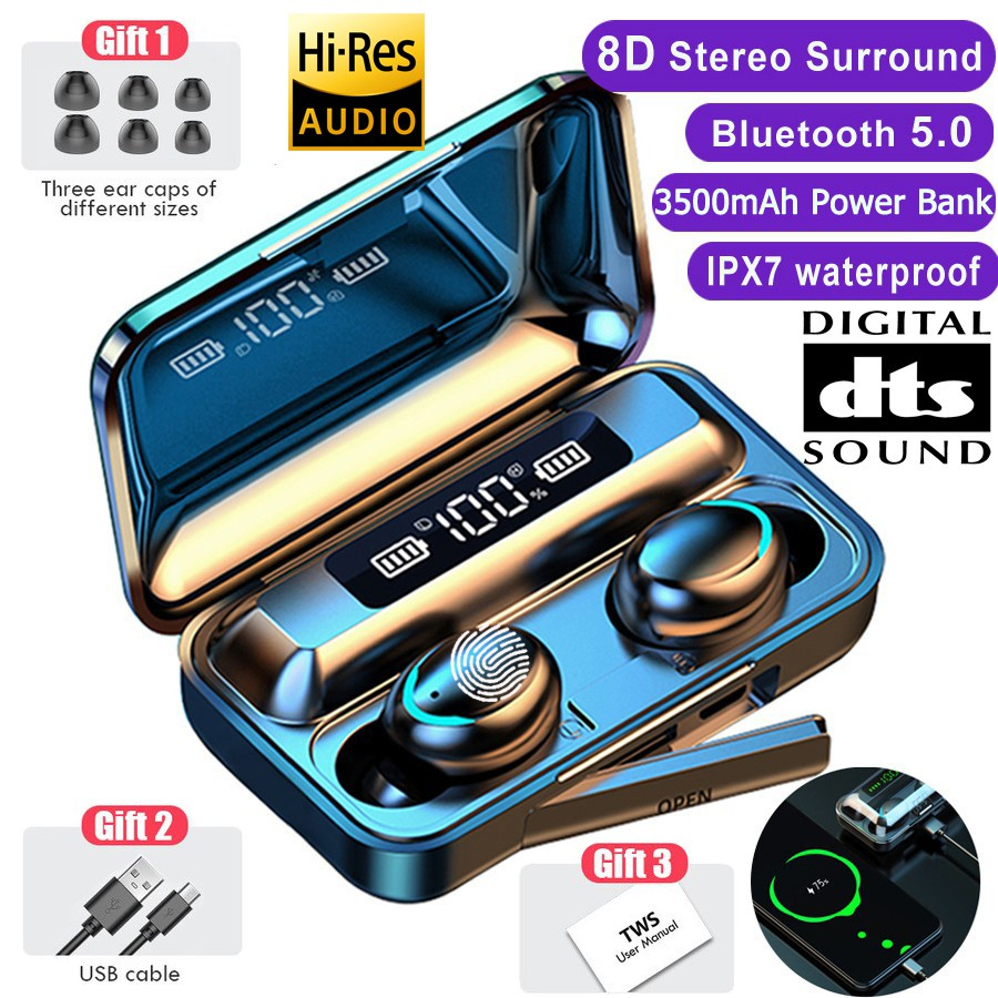 (COD) F9-5 Headset Bluetooth Power Bank TWS with Mic 9D Bass Stereo Handset Water Proof Earbud 5.0 Wireless Earphone