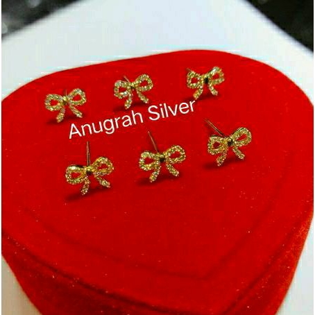 Giwang tusuk perak asli 925 model pita dewasa Rose gold mata zircon putih kilau/Silver lapisan emas kuning!!!