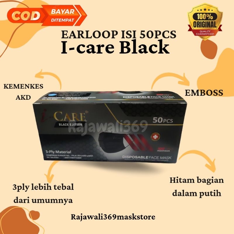 ORI!! MASKER BLACK I-CARE 3PLY FACE MASK EARLOOP ISI 50PCS