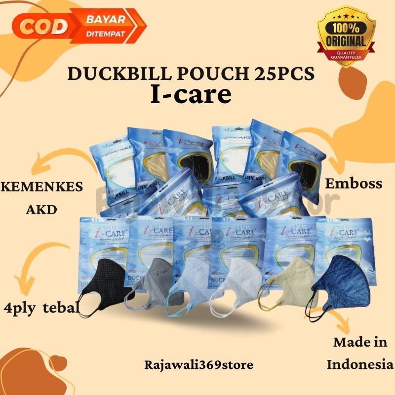 MASKER DUCKBILL I-CARE POUCH ISI 25PCS/SACHET AKD KEMENKES MEDICAL GRADE HITAM BIRU KUNING ABU PUTIH