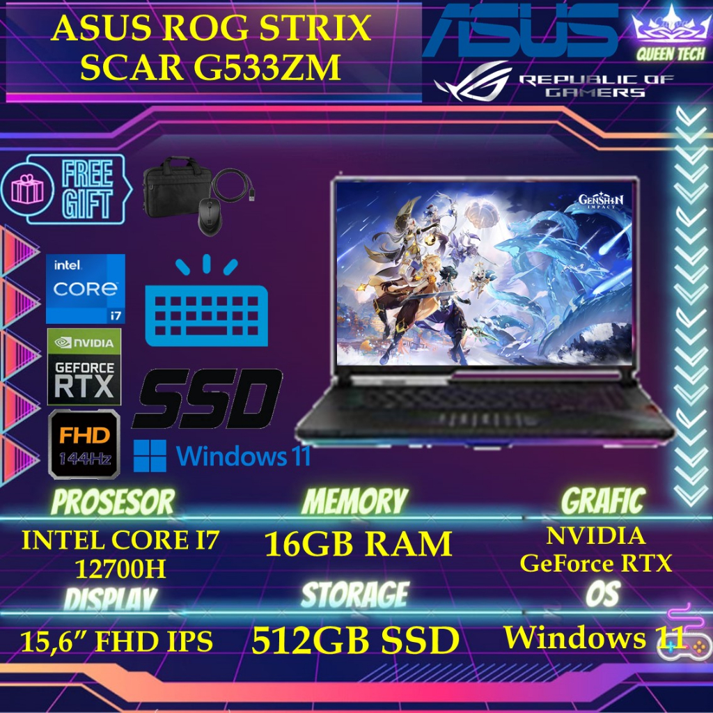 Laptop gaming Asus Rog Strix Scar G533ZM I736D7TO I7 12700H 16GB 512SSD RTX3060 6GB W11+OHS 15.6FHD 300HZ PKRGB TGP140 CAM MS 2Y+1Y
