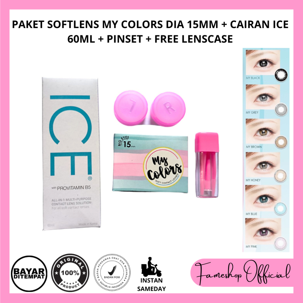 PAKET SOFTLENS MY COLORS BY OMEGA 15MM + CAIRAN ICE 60ML + PINSET + FREE LENCASE