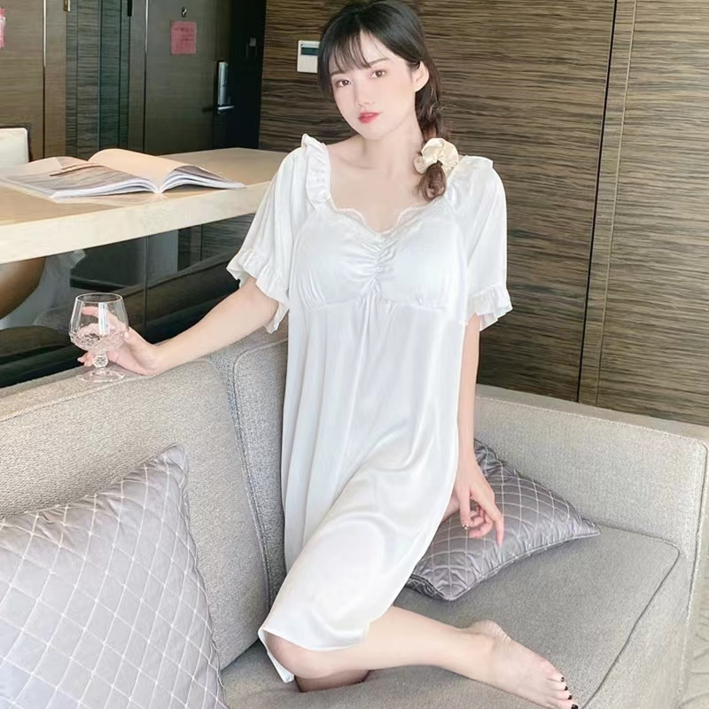 2023 Versi Korea Baru dari Piyama Lady Ice Sutra Tipis/Pendek -Lace Mid -Length Nightdress