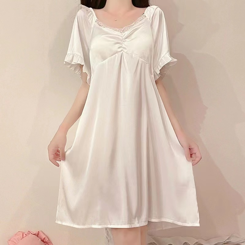 2023 Versi Korea Baru dari Piyama Lady Ice Sutra Tipis/Pendek -Lace Mid -Length Nightdress