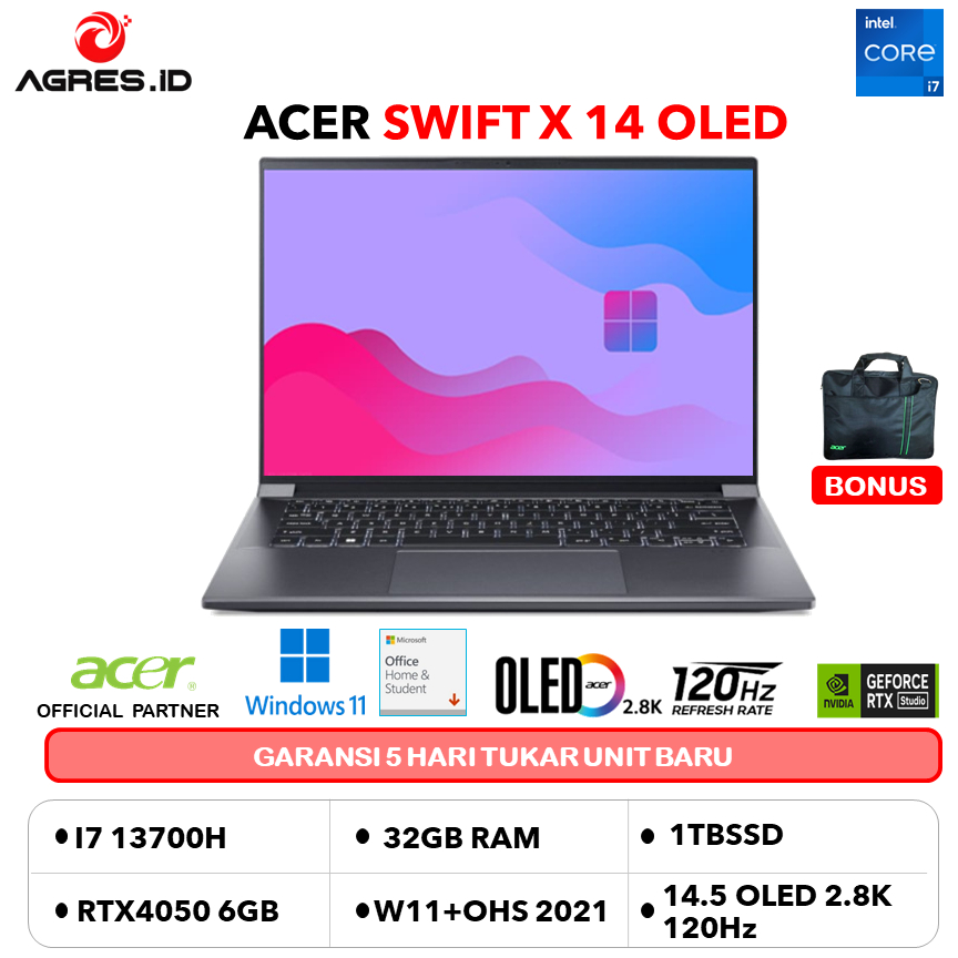 ACER SWIFT X 14 OLED SFX14 I7 13700H RTX4050 6GB/ 32GB 1TB W11+OHS 14.5 2.8K 120HZ 2YR+1ADP BLK -71G.70KB