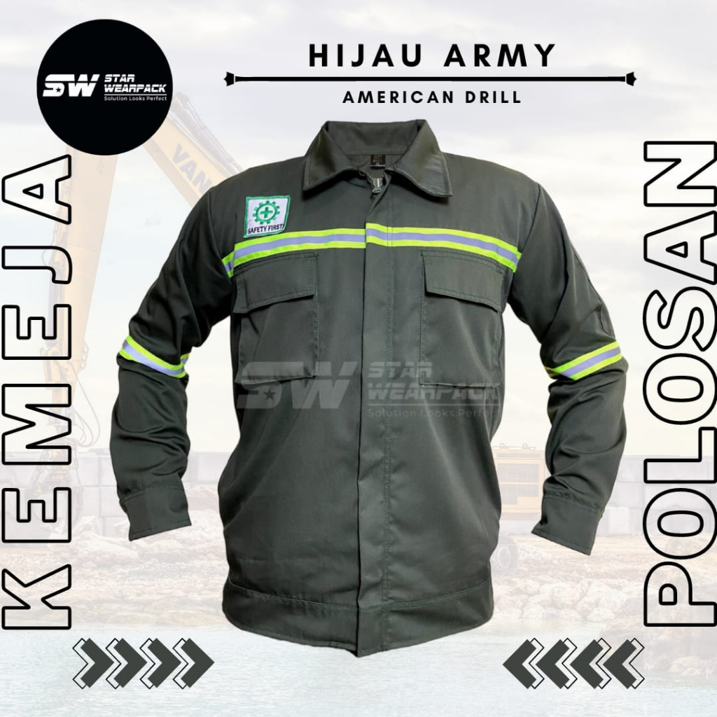 Star Wearpack - Baju Kerja Proyek Kemeja Lengan Panjang Hijau Army Polos