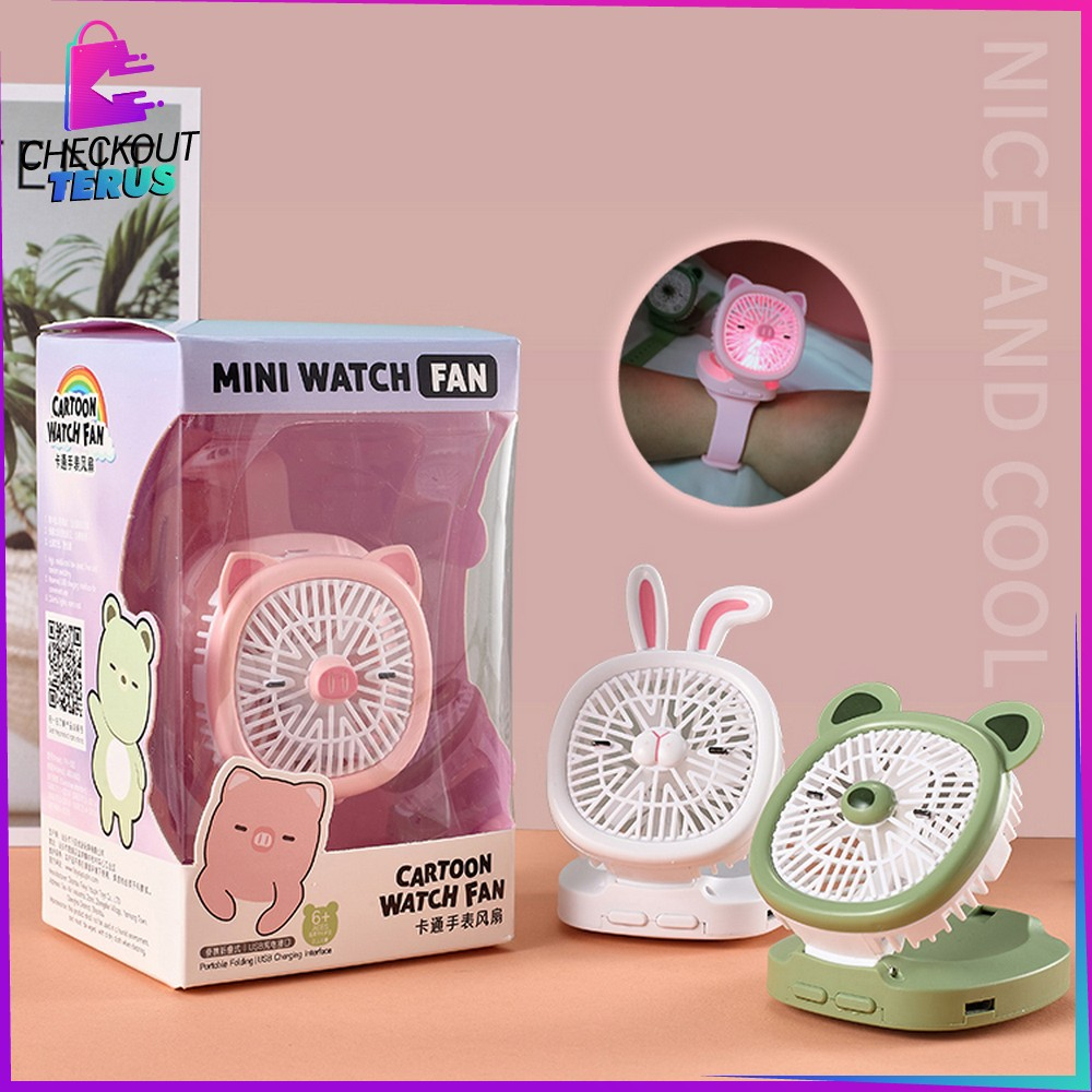 CT C875 Kipas Jam Tangan Mini Portable USB Rechargeable Wirst Watch Fan Kipas Angin Karakter Animal Model Jam Tangan Strap Kipas Kecil