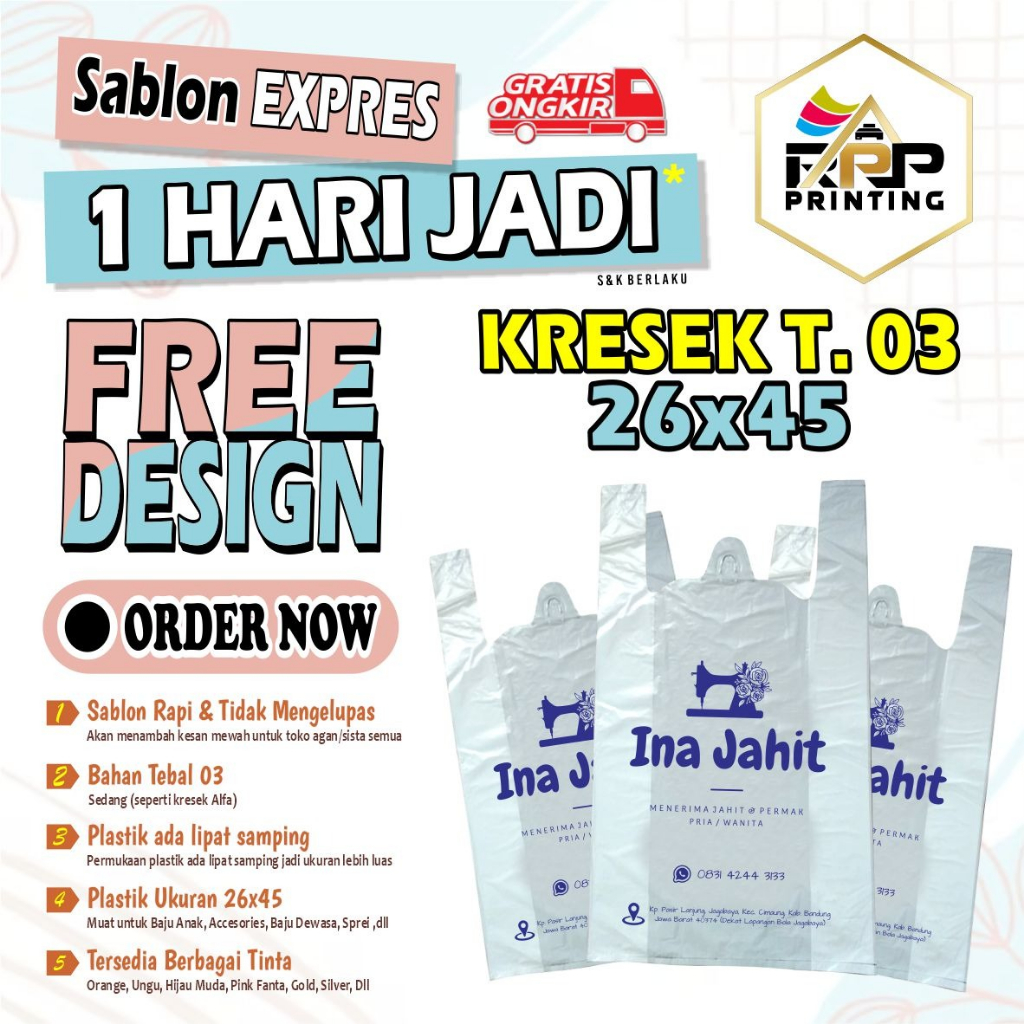 PLASTIK SABLON Packing Kresek 26x45 Tebal 03 Custom FREE DESAIN bisa COD Sablon Plastik Baju / Plast
