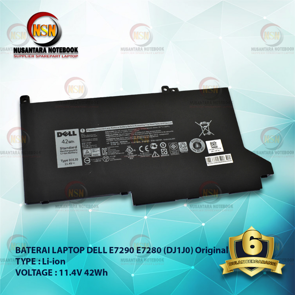 Baterai Dell ORI Latitude E7280 E7480 E7290 E7380 E7390 DJ1J0 11.1V 42Wh