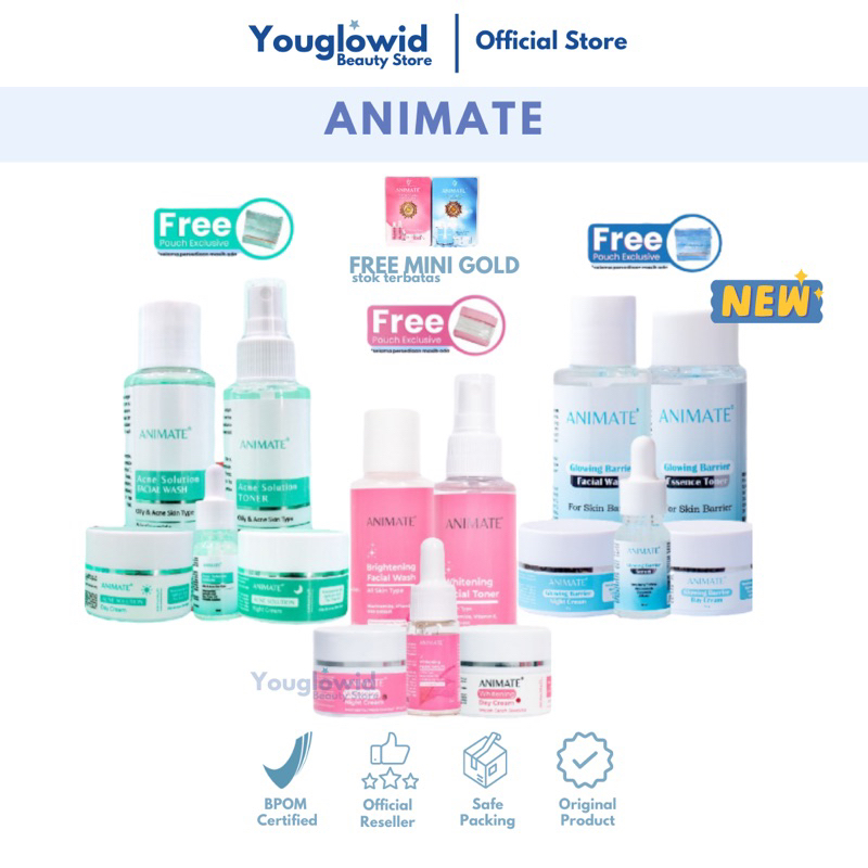 【Official Outlet】ANIMATE Paket Skincare Instant Whitening Acne Solution Glowing Barrier Skin Repair Series 5in1 Cream Pemutih Wajah Pencerah Penghilang Bekas Jerawat Flek Noda Hitam Hiperpigmentasi Anti Aging Acne Fungal Original Viral BPOM