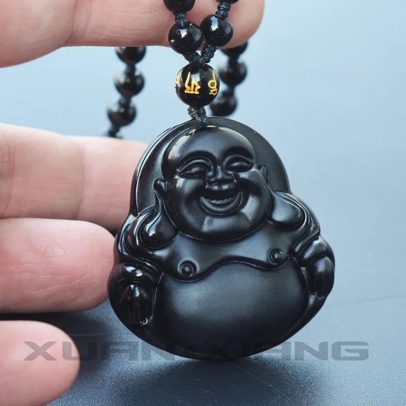 Kalung Batu Giok Hitam China Smiling Buddha Maitreya Black Jade K112