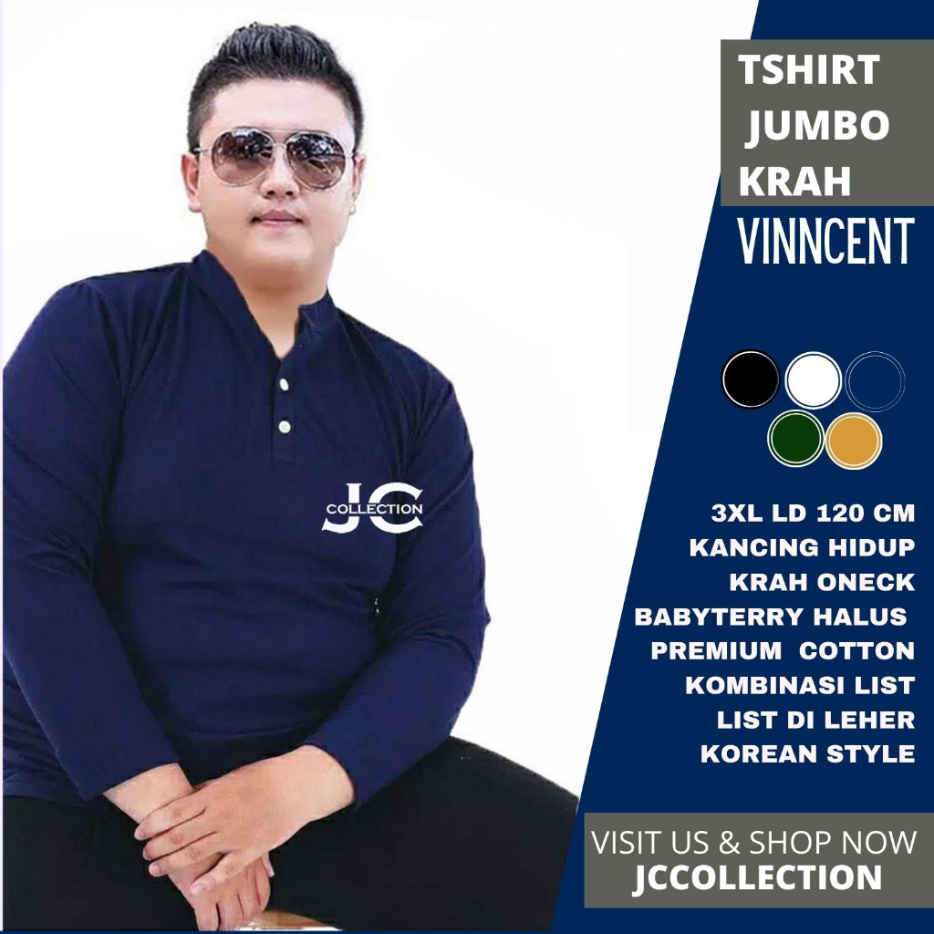 Tshirt Kaos Pria Jumbo 3XL / Kaos Lengan Panjang Pria Variasi Kancing Fincent / Kaos Jumbo Cowok 3XL - JCCollection