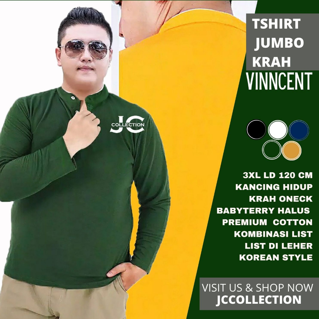 Tshirt Kaos Pria Jumbo 3XL / Kaos Lengan Panjang Pria Variasi Kancing Fincent / Kaos Jumbo Cowok 3XL - JCCollection