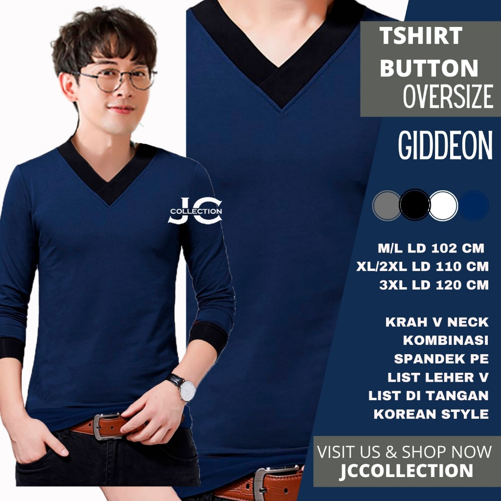 Kaos Pria Polos leher V Lengan Panjang Pria Gaya Korea Liyonell  / Tshirt Kaos Cowok V Neck JCCollections