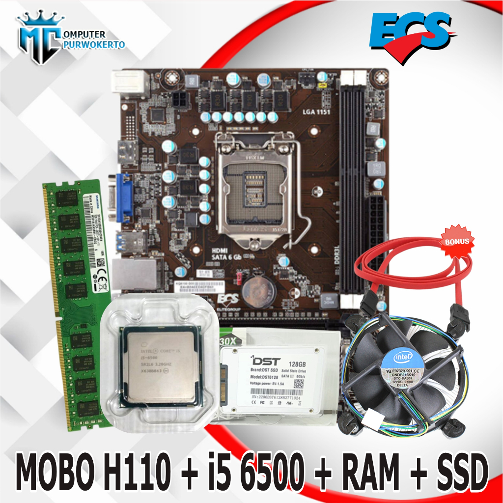 Paket Motherboard H110 DDR4 + Core i5 6500 + RAM + SSD - ECS