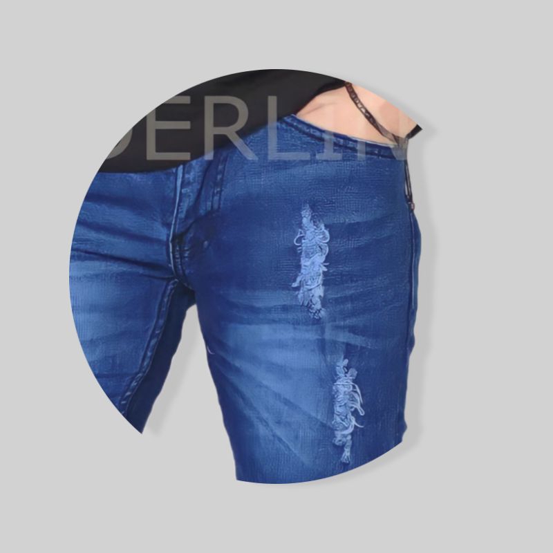 Celana Jeans Pria Sobek Lutut Panjang Slimfit Denim