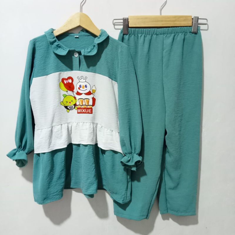 SETELAN MIXUE ANAK PEREMPUAN 3-9 TAHUN BAJU ANAK PEREMPUAN CRINKLE AIRFLOW ONE SET ANAK TERBARU