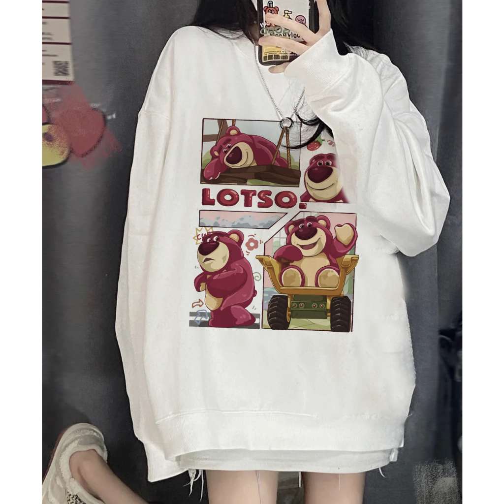 EUNII Sweater Lengan Panjang Cartoon Strawberry Bear Printing Korean Style/Sweater Crop/Baju Wanita/Switer Wanita/Switer