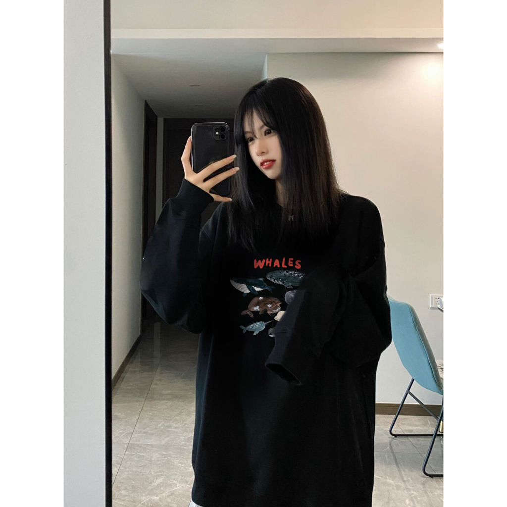 EUNII Sweater Lengan Panjang Cartoon Whale Printing Korean Style/Sweater Crop/Baju Wanita/Switer Wanita/Switer