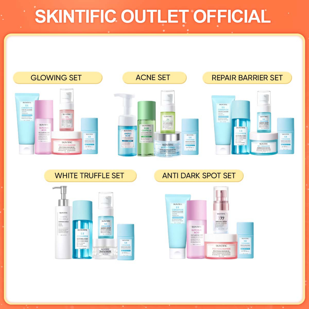 5PCS Packet SKINTIFIC 5pcs with sunscreen - Paket Skincare Low pH Cleanser + Moisture Gel + Serum Sunscreen + Exfoliating Toner / Soothing Toner + Brightening Serum / Anti Acne Serum / Barrier Serum / Hydrating Serum