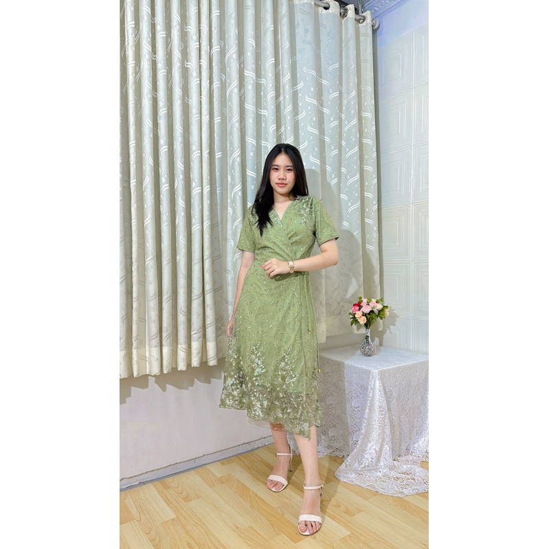 Ken-071-1 Dress kondangan Dress Pesta Wanita Fashion Model Kimono Premium Style Korean look full brukat Tulle mix mutiara tembak