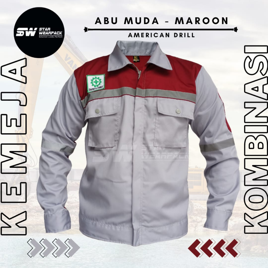 Star Wearpack - Baju Seragam Kerja  Lengan Panjang Warna Abu Muda Kombinasi Maroon