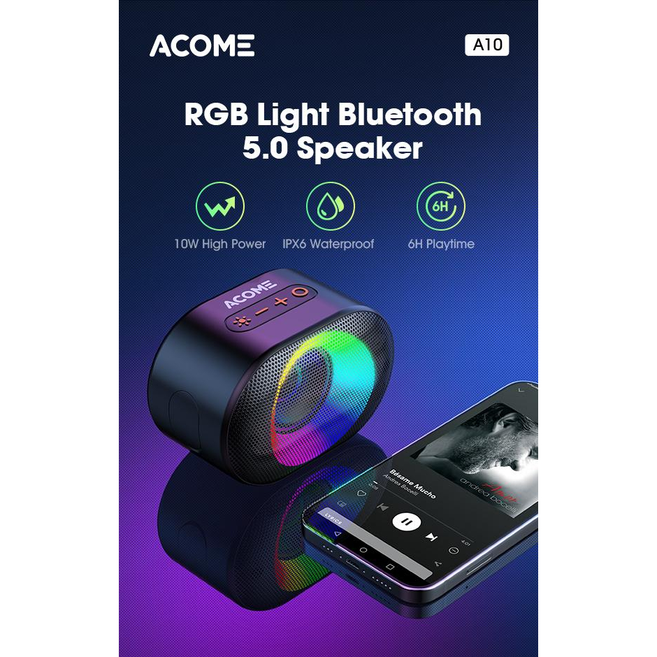 ACOME Speaker Bluetooth 5.0 10W IPX6 Waterproof RGB Light Rhyme Rave Party Garansi Resmi 1 thn A10