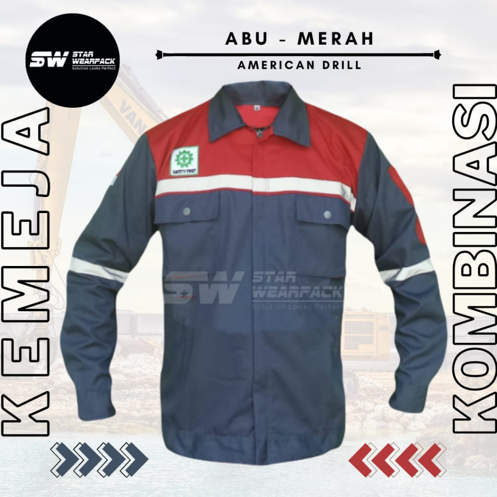 Star Wearpack - Seragam Kerja Proyek Lengan Panjang Warna Abu Kombinasi Merah