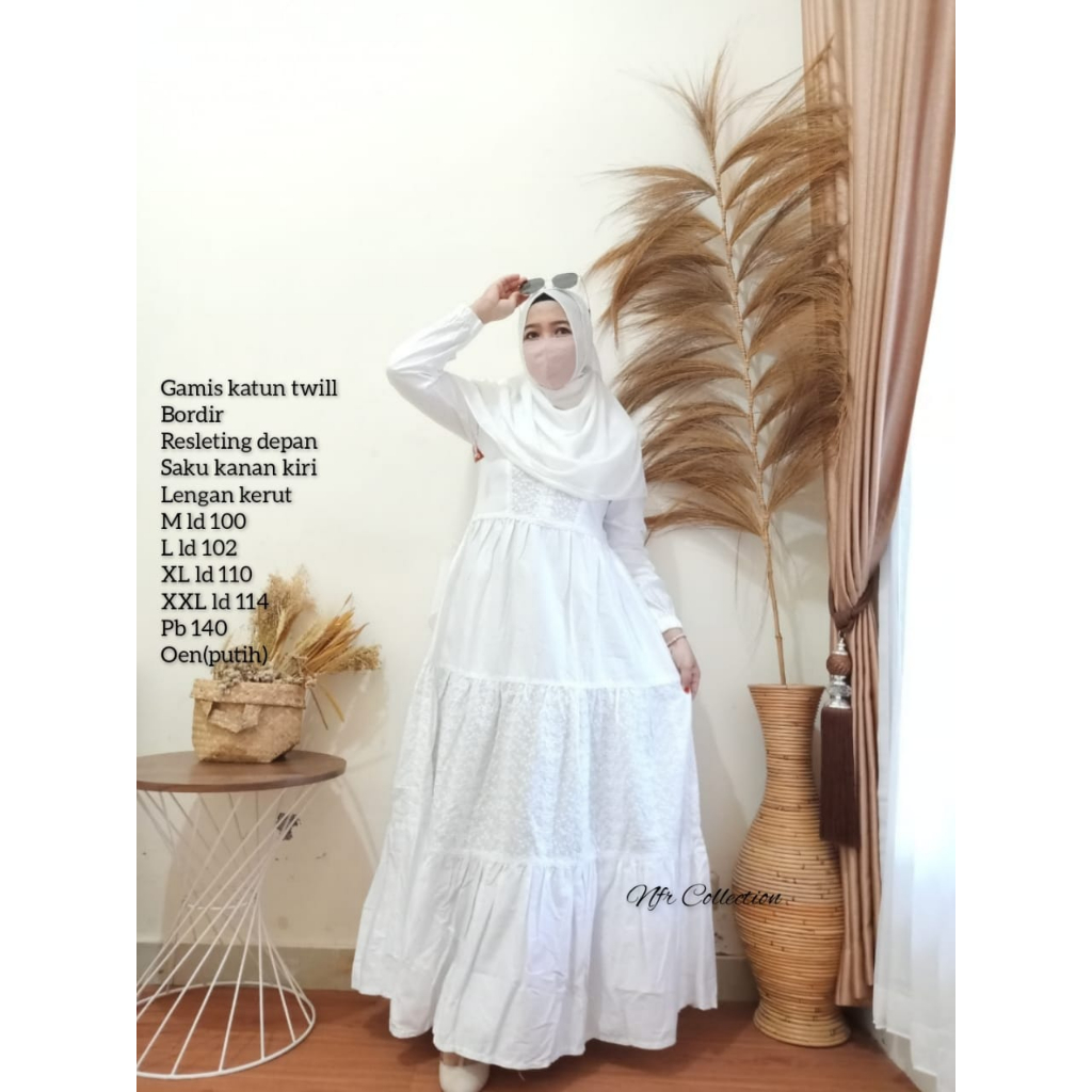 gamis katun twill polos bordir lidya M ld 100 L ld 102 XL 110 jumbo XXL ld 114 pb 140