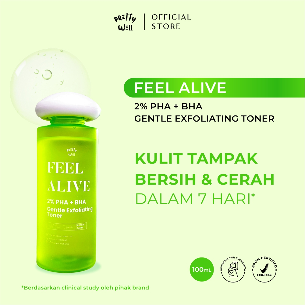 Prettywell Feel Alive 2% PHA + BHA Gentle Exfoliating Toner 100mL Toner Pencerah with Centella Menyegarkan Wajah Eksfoliasi Kulit Sensitif