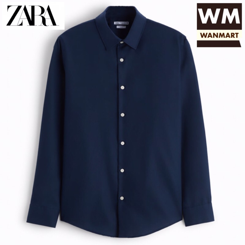 ZARA Men Textured Shirt Kemeja Pria Lengan Panjang Navy
