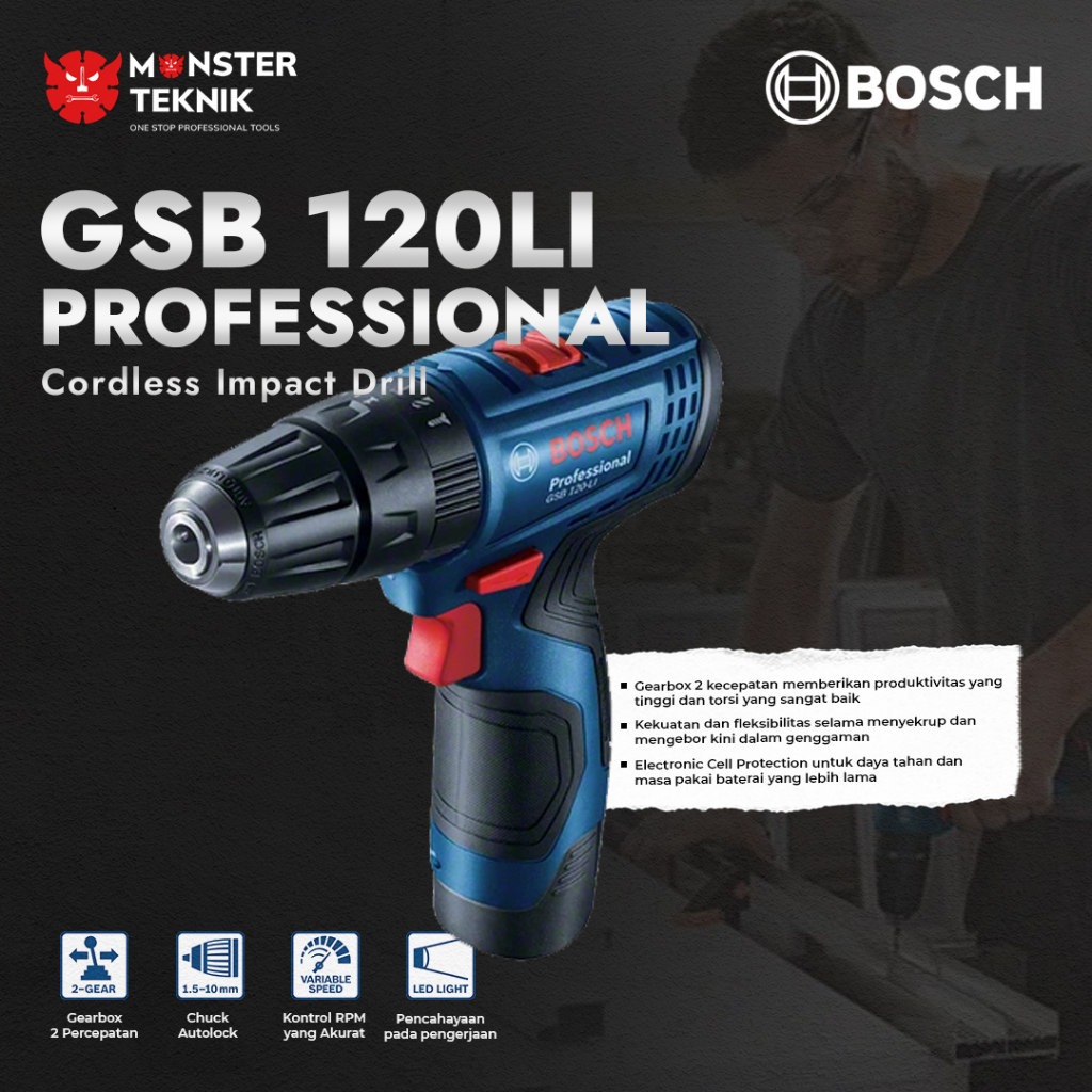 Bor Tembok Besi 10mm Bosch GSB 120 Li Cordless Impact Drill GSB120Li Bor tanpa kabel Mesin Baterai 1