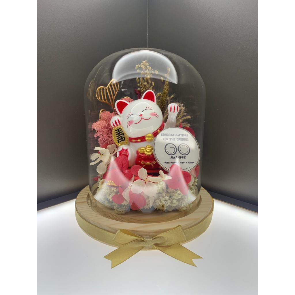 Flower Glass Dome Manekineko  - Glass Dome Kucing Hoki