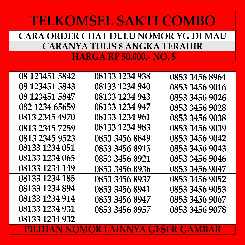 Nomor Cantik Telkomsel Kartu AS Varian 50 Perdana Simpati Nomer